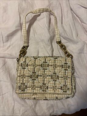 Zara Beaded Gingham Shoulder Bag in Beige and Cream